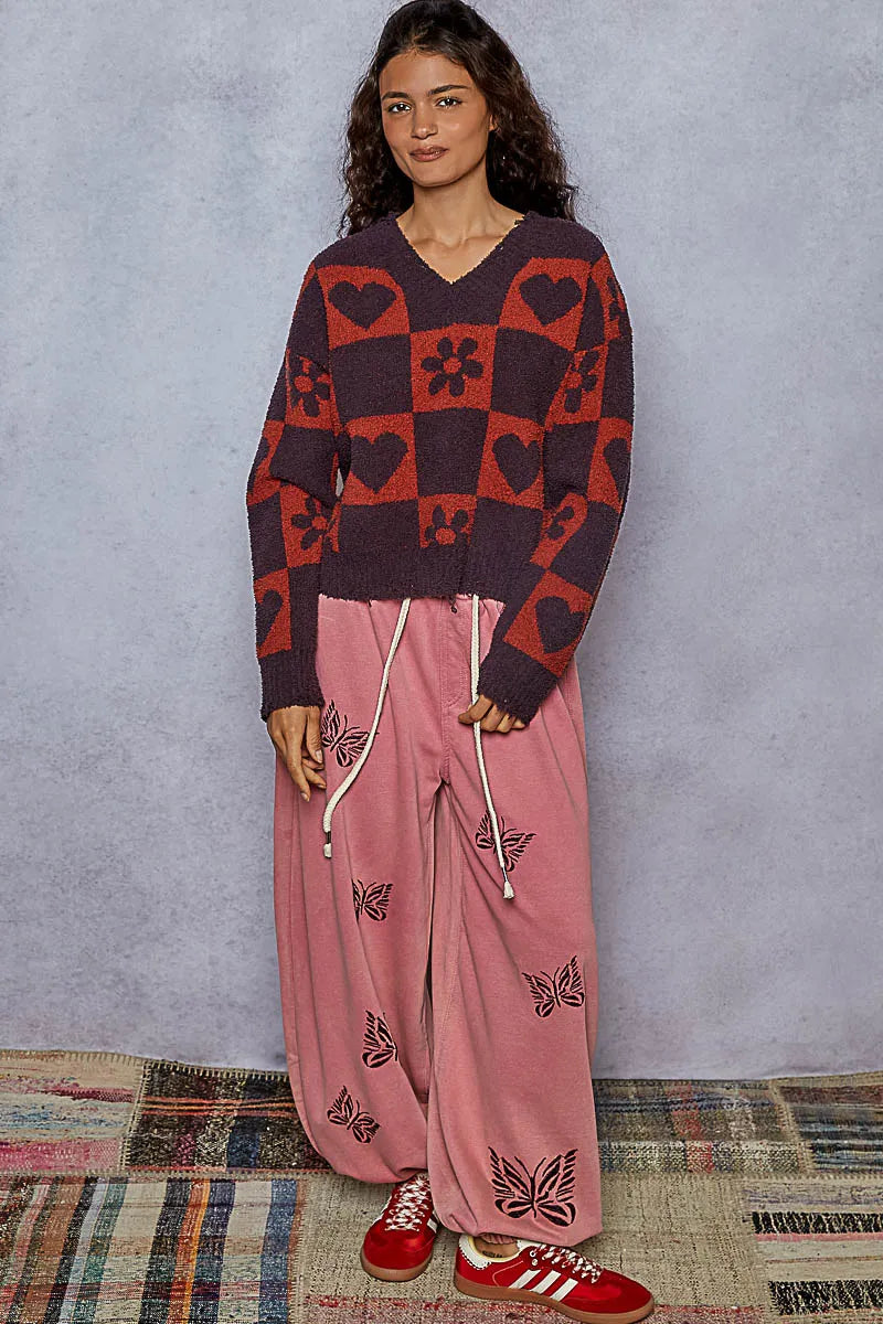 V-Neck Heart Pattern Checkered Oversized Sweater