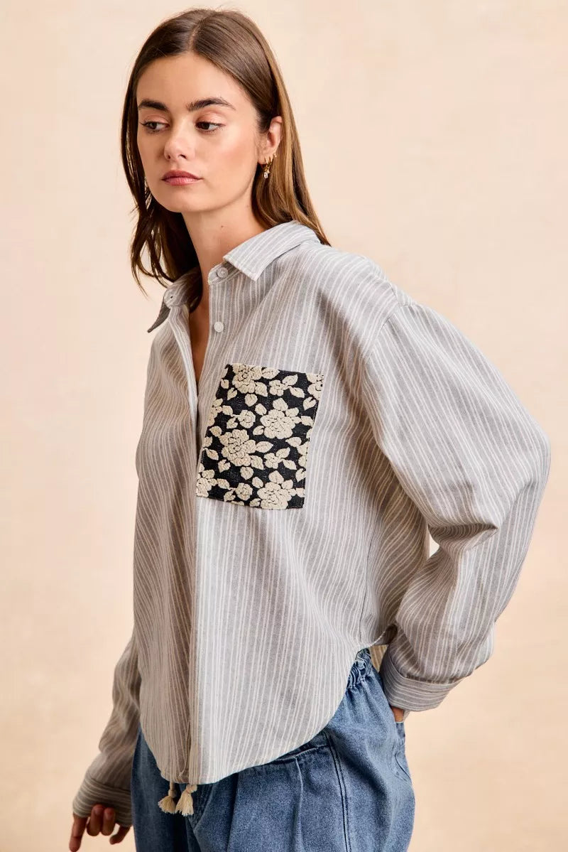 Flower Jacquard Knit Patch Pocket Stripe Shirt-BiBi-Reef Love