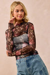 Shop Flower Printed Sheer Mesh Top with Thumb Opening-This stunning sheer mesh blouse features a romantic floral print in soft pink and coral tones against a dark base. Stretchy semi-transparent mesh fabric.-Reef Love Boho-Chic Boutique