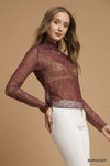 Burgundy Nylon Lace Mesh Long Sleeve Top
