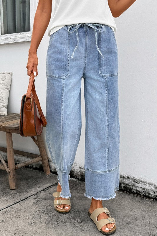 Denim Raw Hem Drawstring Wide Leg Cropped Jeans-JUNIPER BLVD-Reef Love