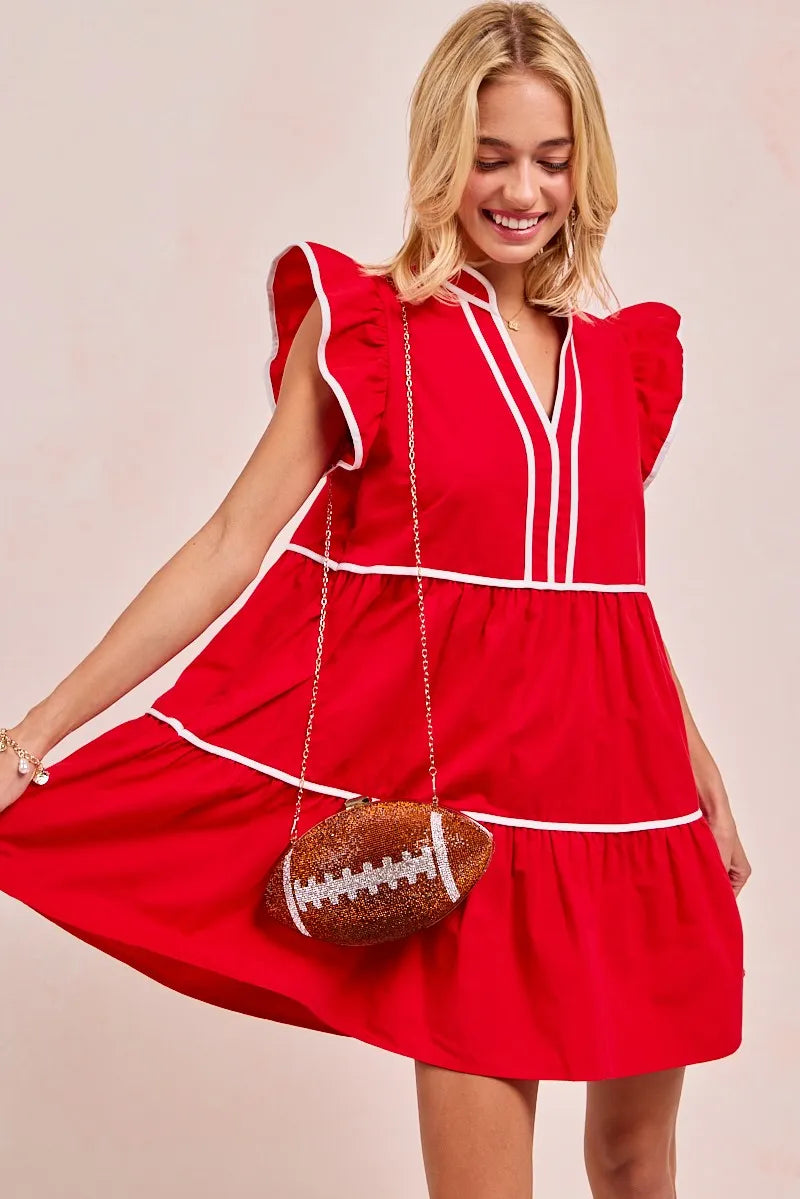 Gameday Ruffle Tier Mini Dress-Get gameday ready in this red tiered dress with contrast binding and ruffled details. A sporty-chic cotton favorite with playful details ready for football. -Reef Love Boutique