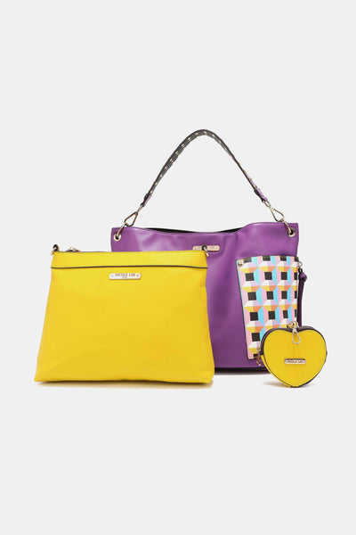 Women’s Three piece handbag set includes a Large Shoulder Bag, a Solid Bag, and a charming Heart Coin Pouch.