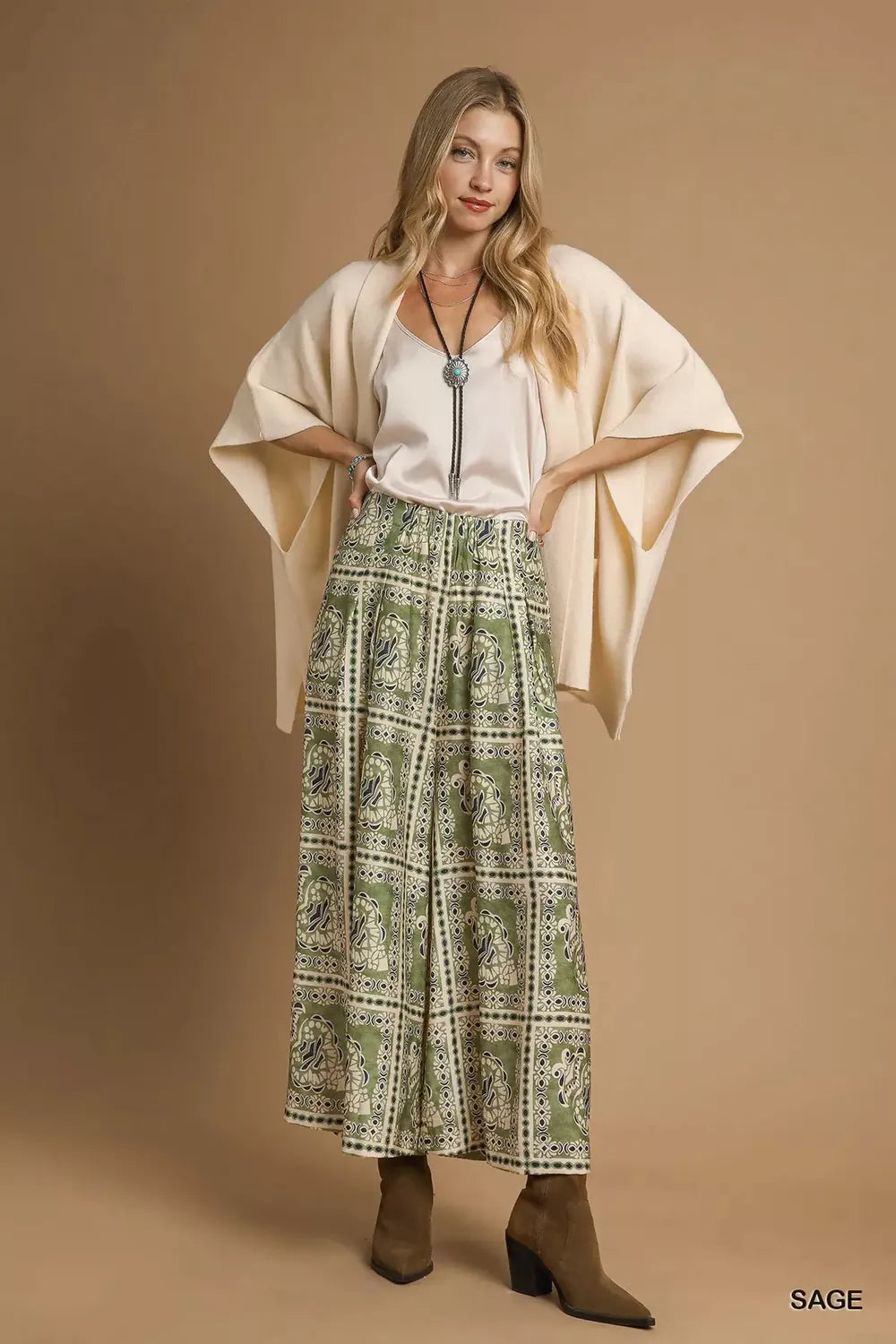 Sage Bohemian Print Wide-Leg Pants with Pockets