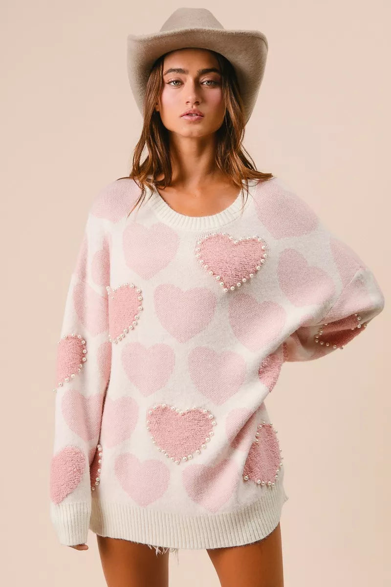 Heart Pattern Sweater with Pearl Detail-BiBi-Reef Love
