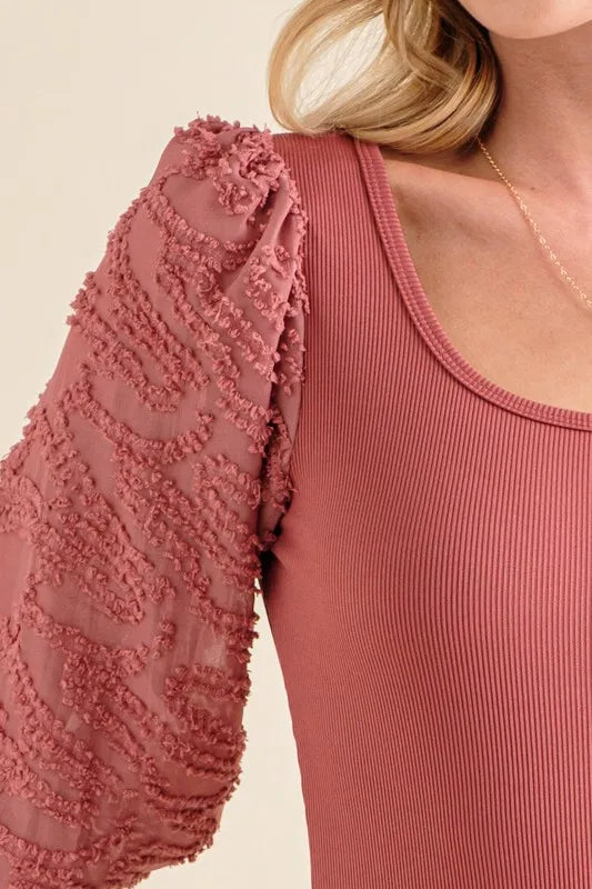 And The Why Textured Puff Sleeve Bodysuit-bodysuit-Reef Love