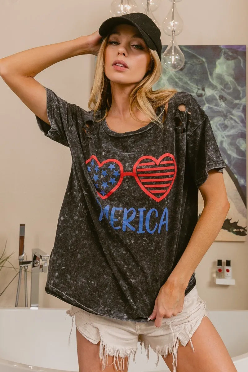 BiBi 4th Of July Theme Mineral Washed Laser Cut Top-T-Shirt-Reef Love