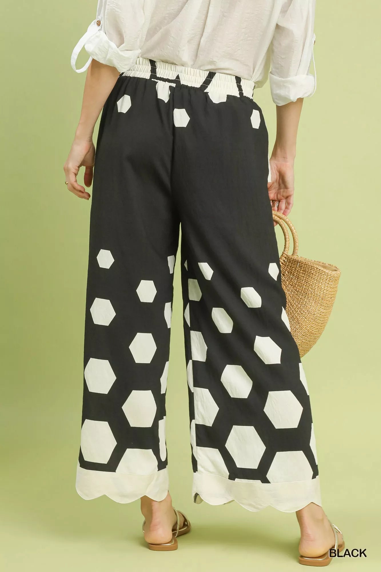 Hexagon Print Wide Leg Pants with Scalloped Hem-Wide Leg Pants-Reef Love