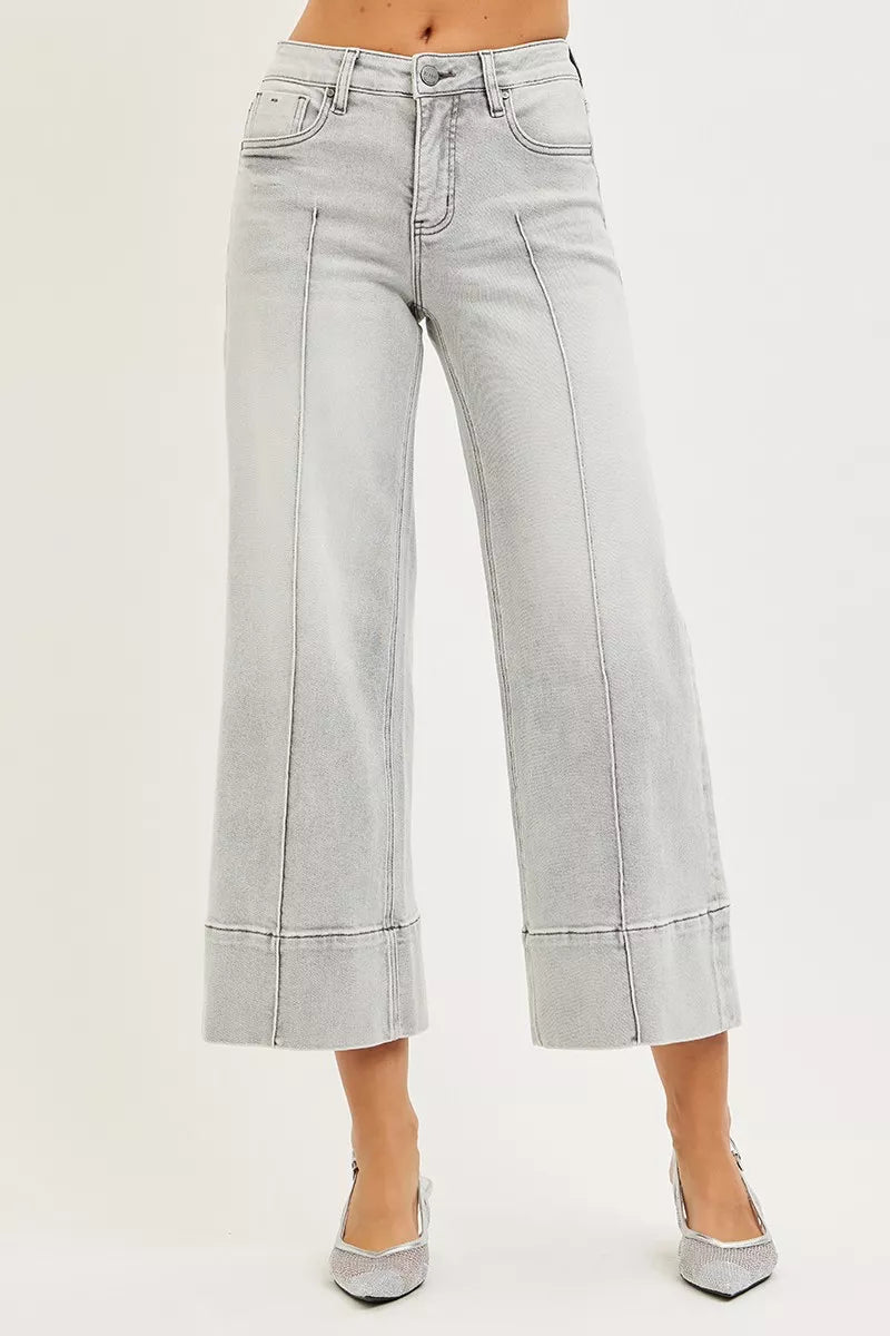 RISEN Tummy Control Mid Rise Crop Wide Pintuck Front Jeans, Grey Wash-RISEN-Reef Love