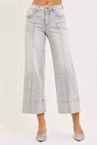 RISEN Tummy Control Mid Rise Crop Wide Pintuck Front Jeans, Grey Wash-RISEN-Reef Love