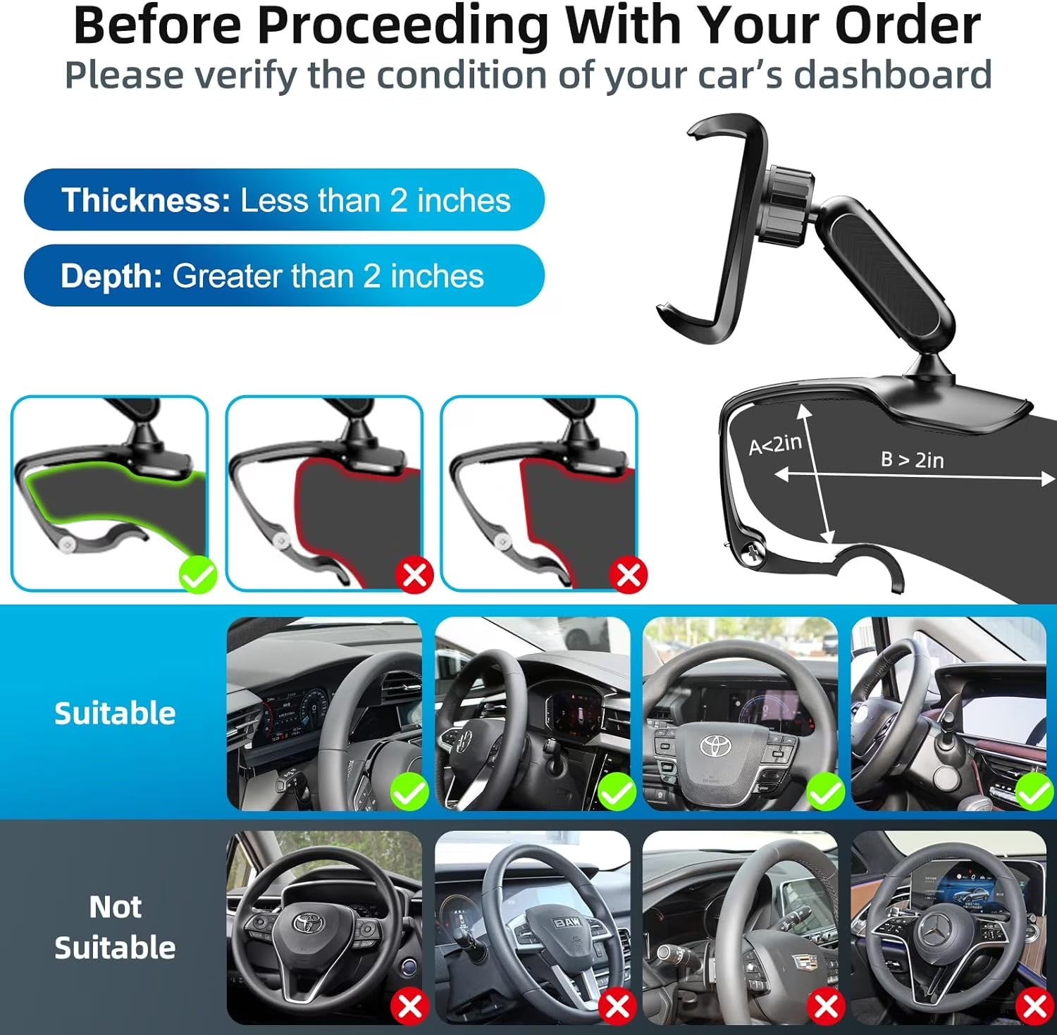 Universal 360 Dashboard Cell Phone Holder, Upgrade Clip Car Phone Holder Mount for Dashboard 360 Degree Rotation Dash Board Phone Mount Fit for Iphone,Samsung,Google,Nokia, 4 to 7" Smartphones