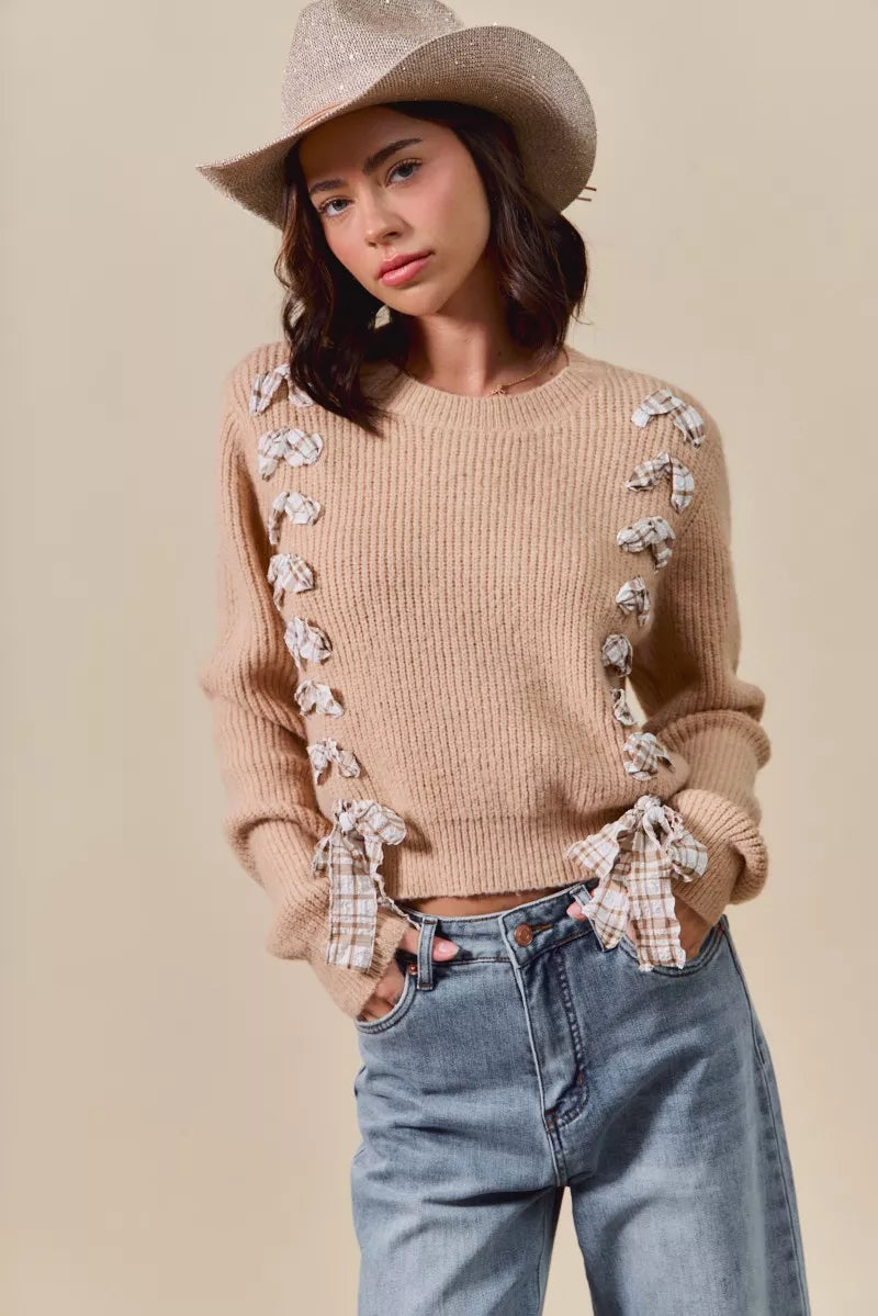 Checkered Plaid Tape Lace Up Sweater, Beige