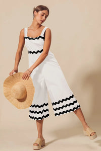Shop Scallop Ric Rac Trimmed Wide Leg Jumpsuit-Scallop Ric Rac Trimmed Wide Leg Jumpsuit - Effortless Style, designed to impress with its distinctive scallop ric rac trim that adds a playful yet refined touch. -Reef Love Boho-Chic Boutique