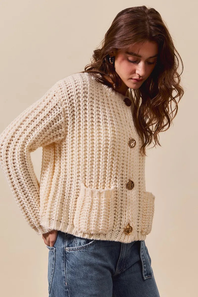 SO ME Metal Button Long Sleeve Chunky Sweater Cardigan-Reef Love Boutique