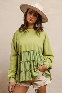 French Terry and Woven Mixed Tiered Tunic-Stay cozy and chic in our light olive French terry and woven mixed tiered tunic. With a flowy and soft texture, for everyday layering and effortless style.-Reef Love Boutique