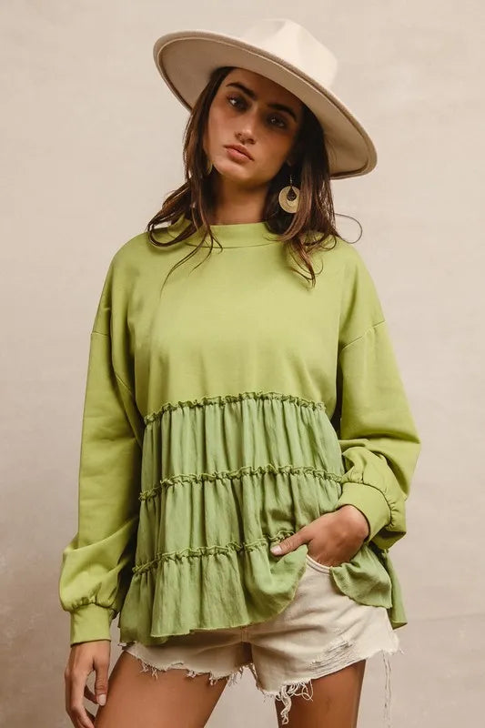 French Terry and Woven Mixed Tiered Tunic-Stay cozy and chic in our light olive French terry and woven mixed tiered tunic. With a flowy and soft texture, for everyday layering and effortless style.-Reef Love Boutique