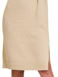 Woman wearing Turtle Neck Long Sleeve Midi Sweater Dress, Beige-Turtle Neck Long Sleeve Midi Sweater Dress in beige, a cozy and chic addition to your fall or winter wardrobe. Perfect for casual and dressier occasions. 