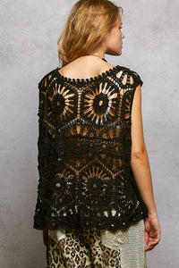 POL Openwork Floral Crochet Tank, Black-Tank Top-Reef Love