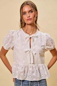 White Cotton Sunlit Eyelet Front-Tie Blouse-Reef Love