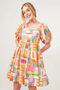 Square Neck Puff Sleeve Geo Printed Mini Dress-The square neck puff sleeve geo printed mini dress is a fashionable and eye-catching choice for a stylish ensemble. The square neckline adds a modern and chic touch-Reef Love Boho-Chic Boutique