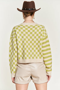Contrast Checker & Stripes Sweater Cardigan-Jade By Jane-Reef Love