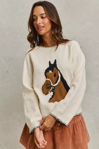 Horse Knit Sweater Top with Blanket Stitch-Sweater-Reef Love