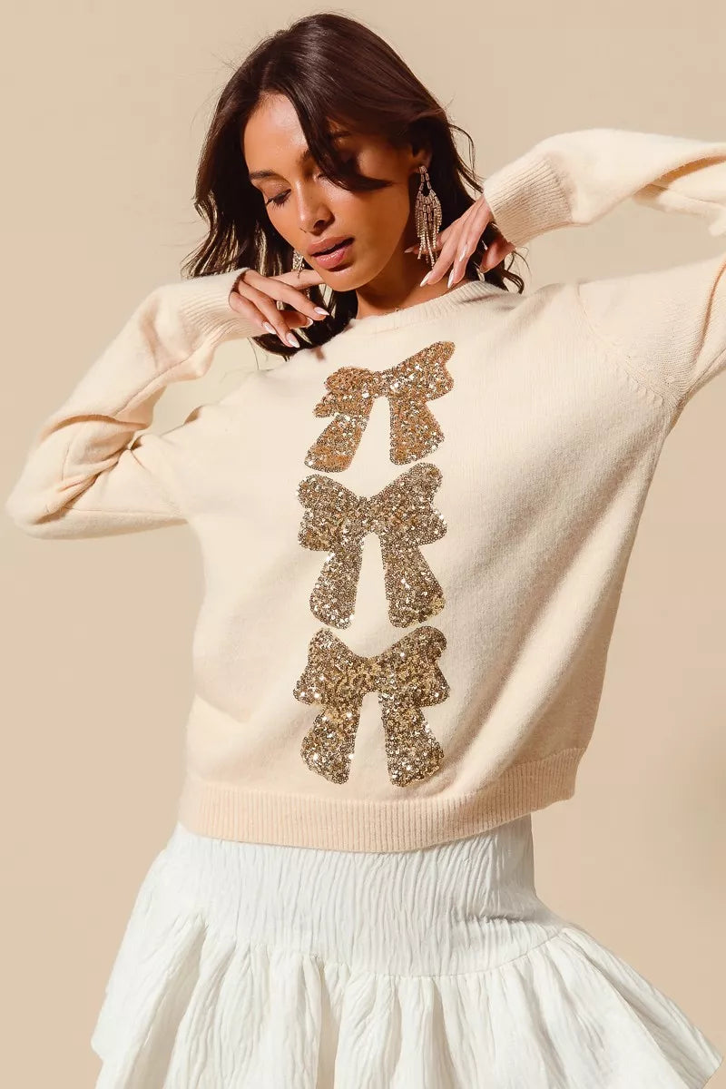 Sequins Gold Bow Embellished Christmas Sweater-Reef Love
