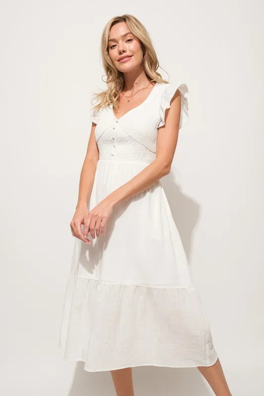 Ruffle Sleeve Front Smocked Tiered Midi Dress-The ruffle sleeve front smocked tiered midi dress with ruffle sleeves is a charming and stylish option for a romantic and feminine look. -Reef Love Boho-Chic Boutique