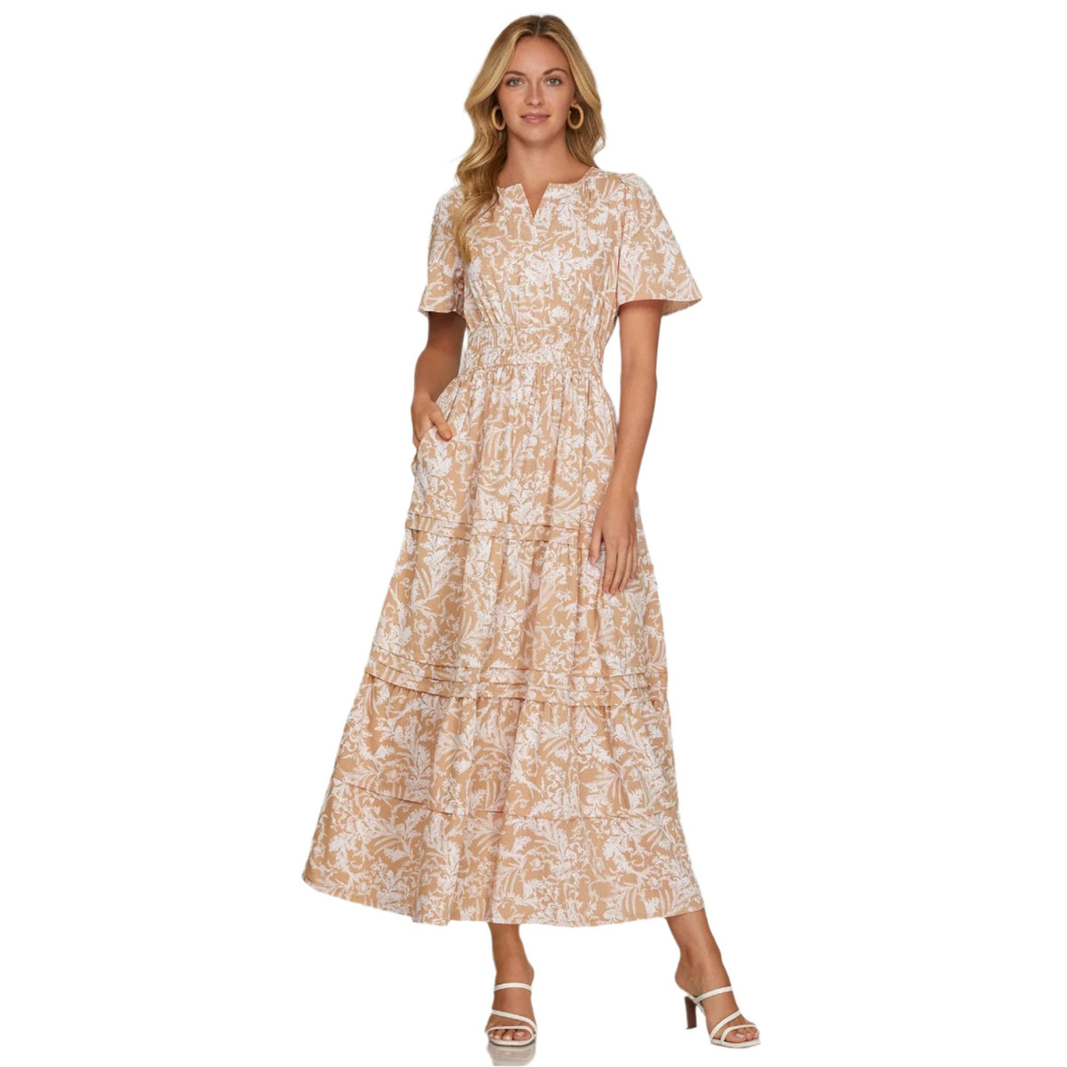 She + Sky Printed Notched Woven Tiered Pintuck Maxi Dress with Side Pockets-She + Sky Printed Notched Woven Tiered Pintuck Maxi Dress with Side Pockets-Reef Love Boho-Chic Boutique