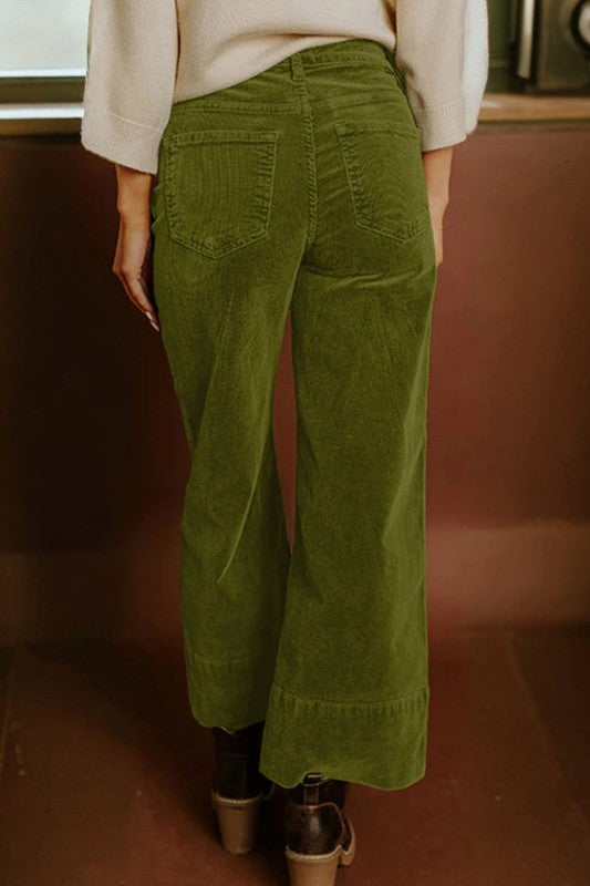 Corduroy High Waist Wide Leg Pants, Olive Green-JUNIPER BLVD-Reef Love