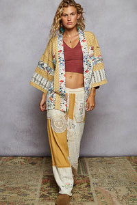 Shop POL Raw Edge Open Front Patchwork Cardigan with Floral Trim-available at Reef Love online boho-chic boutique