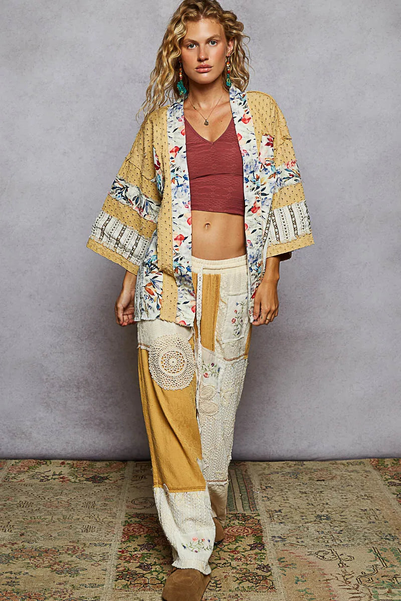 Shop POL Raw Edge Open Front Patchwork Cardigan with Floral Trim-available at Reef Love online boho-chic boutique