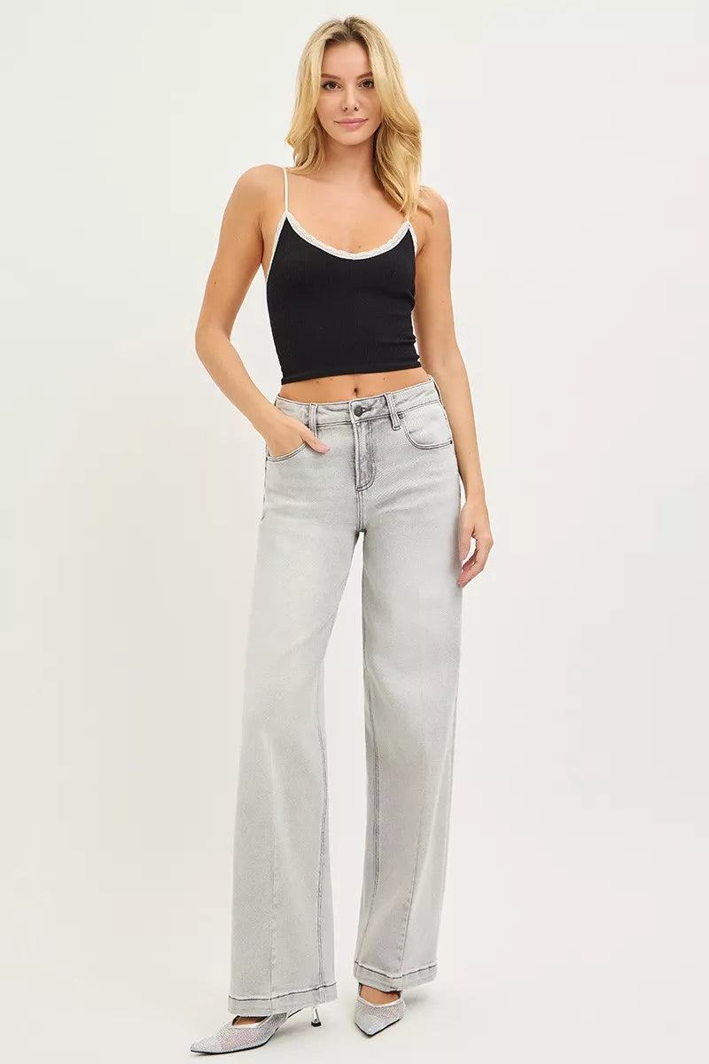 RISEN Slouchy Boyfriend Jeans with Contrast Stitching, Light Grey Wash-RISEN-Reef Love