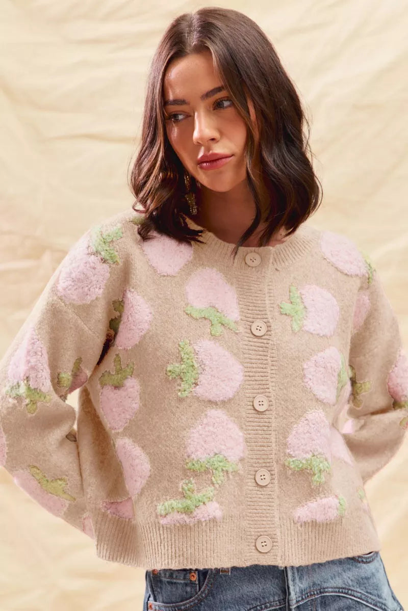 Strawberry Fruit All Over Button Sweater Cardigan, Oatmeal
