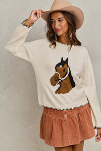 Horse Knit Sweater Top with Blanket Stitch-Sweater-Reef Love