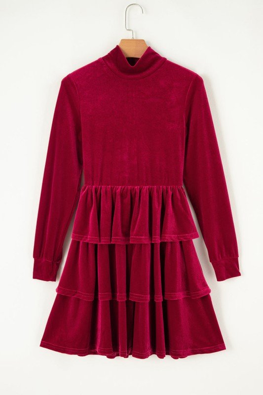 Amy Velvet High Neck Tiered Ruffle Dress - Reef Love