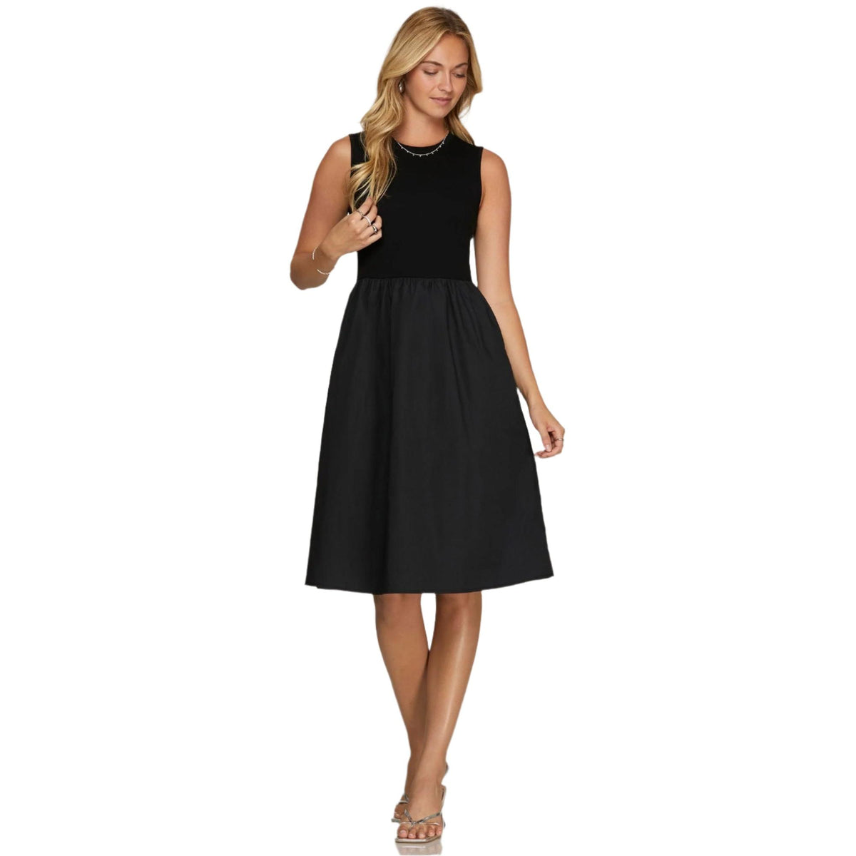 She + Sky Full Size Sleeveless Poplin Woven Midi Dress with Pockets-Enhance your summer wardrobe with this chic midi dress made from lightweight poplin woven fabric, features a flattering silhouette that falls just below the knee.-Reef Love Boho-Chic Boutique