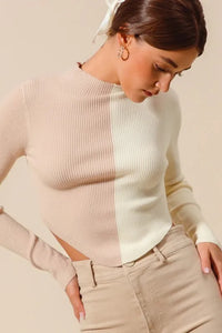 Taupe Color Block Fitted Crop Sweater