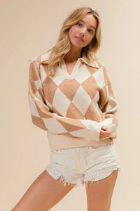 Shop Diamond Pattern Collared Notch Neck Sweater-Chic and cozy, the Diamond Pattern Collared Notch Neck Sweater, classic argyle design, soft knit fabric, timeless polo collar. Effortless everyday elegance.-Reef Love Boho-Chic Boutique