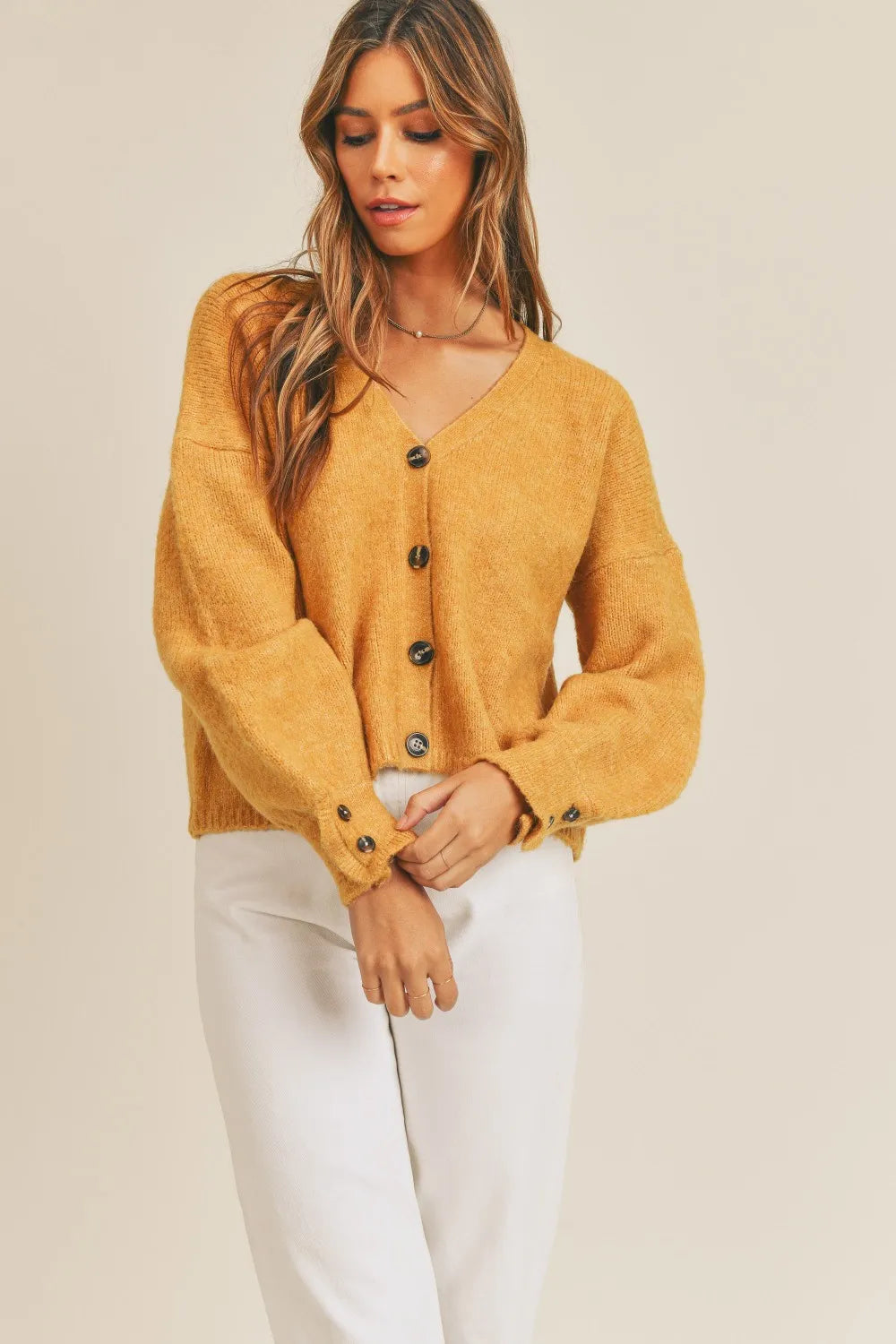 MABLE Long Sleeve Button Down Sweater Cardigan, Mustard-Mable-Reef Love