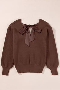 Bow Back Lantern Sleeve V-Neck Sweater-Reef Love