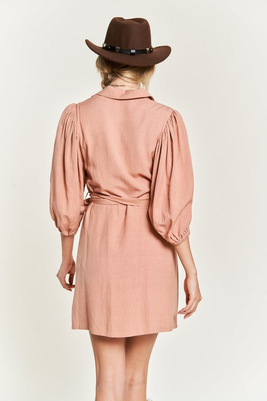 Half-Sleeve Belted Mini Shirt Dress-Chic half sleeve belted mini shirt dress with button-down front and balloon sleeves. Lightweight linen-viscose blend, perfect for warm-weather style.-Reef Love Boho-Chic Boutique