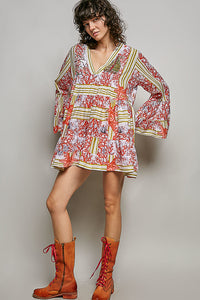 POL Striped Floral Long Sleeve Mini Dress with Pintuck Detail, featuring a coral and starfish print.