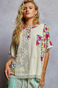 Lace Short Sleeve Floral Pattern Top with Patch Detail
