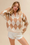Shop Diamond Pattern Collared Notch Neck Sweater-Chic and cozy, the Diamond Pattern Collared Notch Neck Sweater, classic argyle design, soft knit fabric, timeless polo collar. Effortless everyday elegance.-Reef Love Boho-Chic Boutique