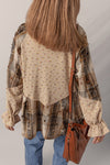 Boho Floral Plaid Patchwork Ruffle Sleeve Waffle Shacket