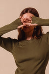 Olive Green Cut-Out Shoulder Ribbed Pullover