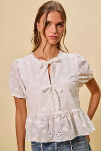 White Cotton Sunlit Eyelet Front-Tie Blouse-Reef Love