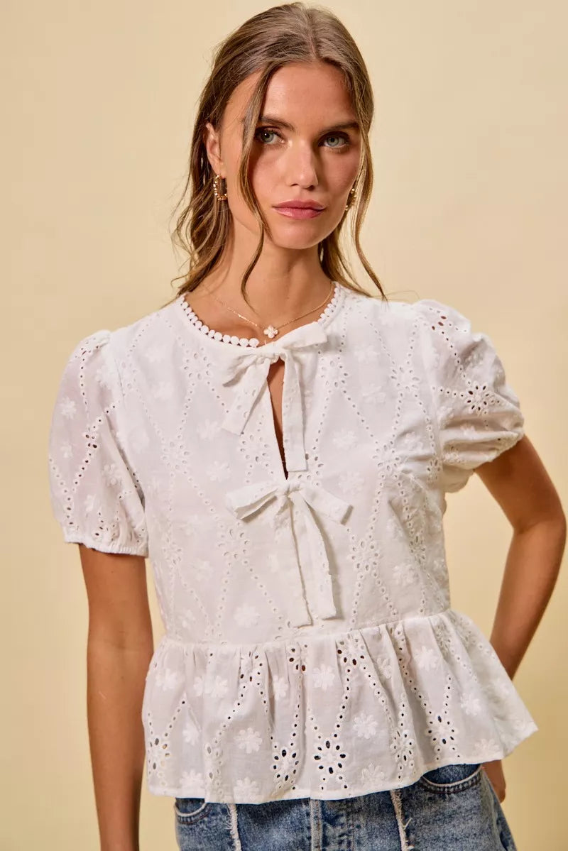White Cotton Sunlit Eyelet Front-Tie Blouse-Reef Love