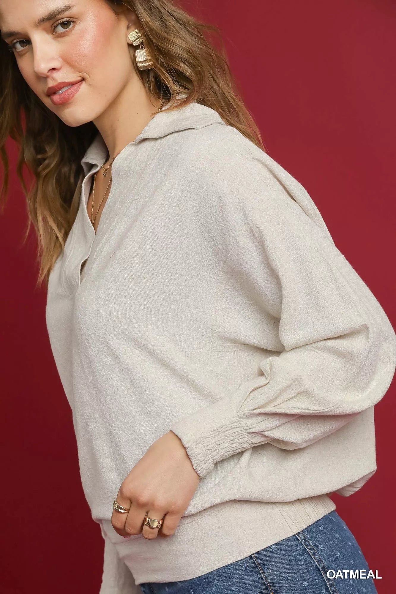 Linen Long Sleeves Elastic Hem Blouse